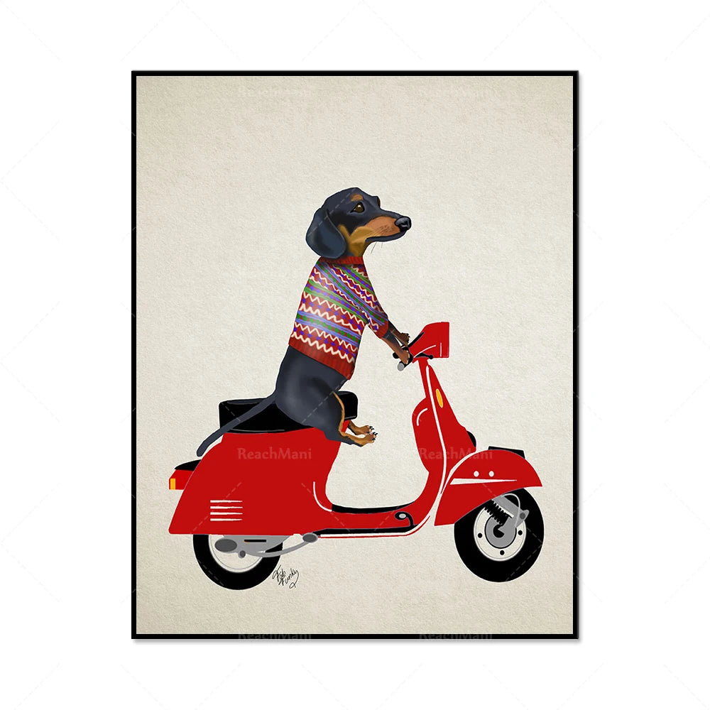 Dachshund on a Moped Canvas Poster | Whimsical Dog Art