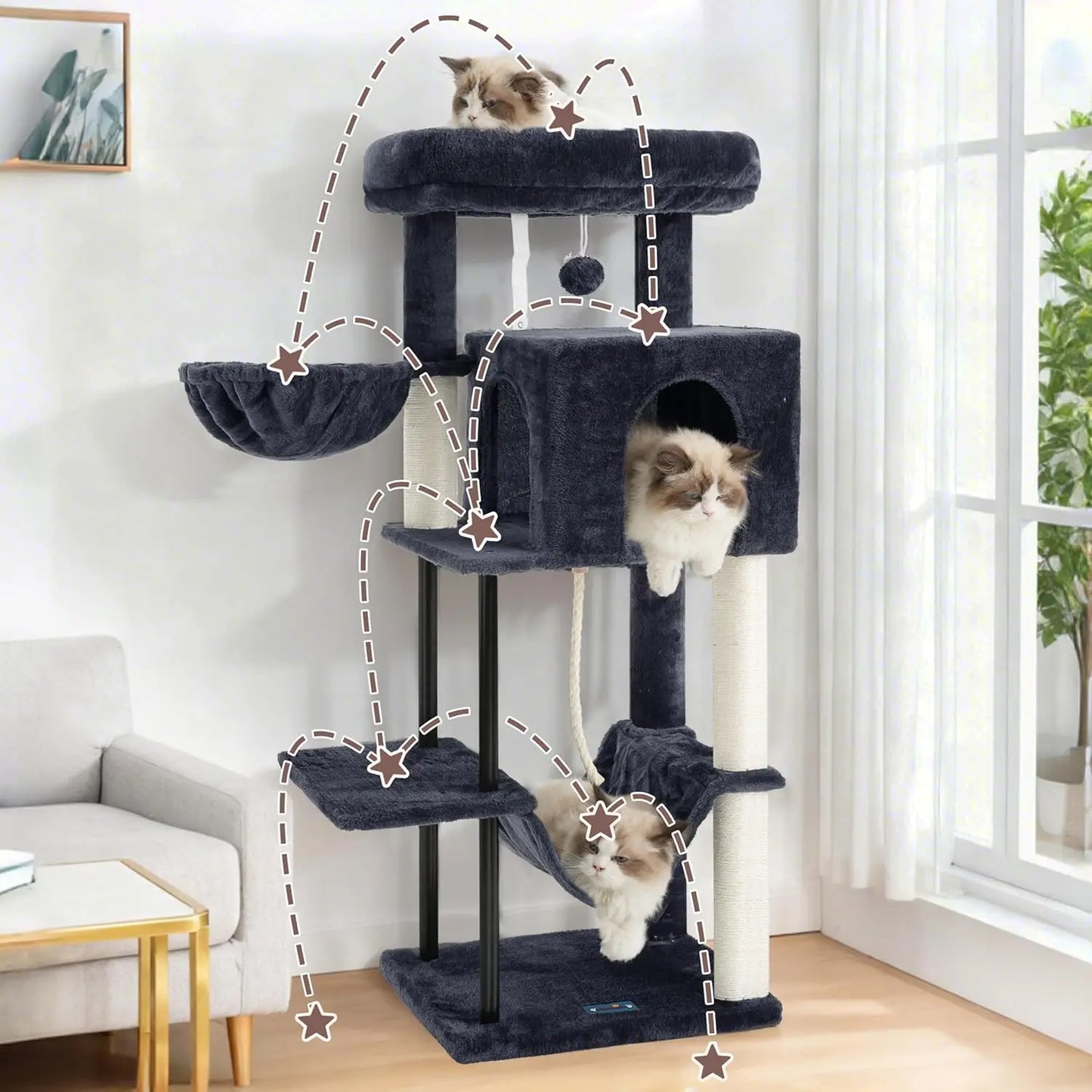 43.3” Cat Tree Tower with Hammock & Condo | Indoor Cats