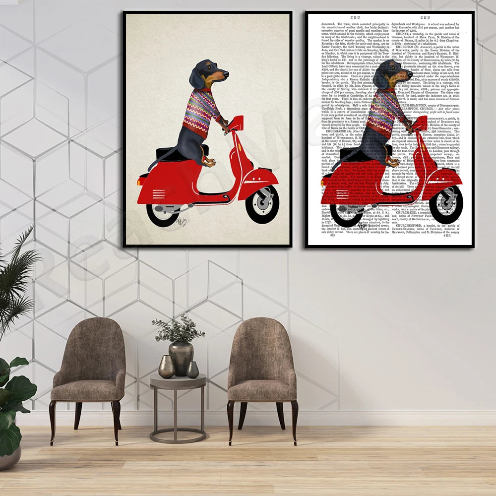 Dachshund on a Moped Canvas Poster | Whimsical Dog Art