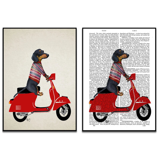 Dachshund on a Moped Canvas Poster | Whimsical Dog Art