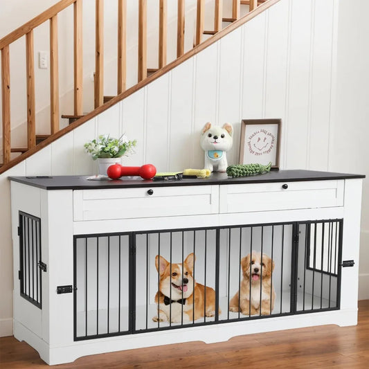 Large Dog Crate Furniture with Charging Station | Wooden Kennel