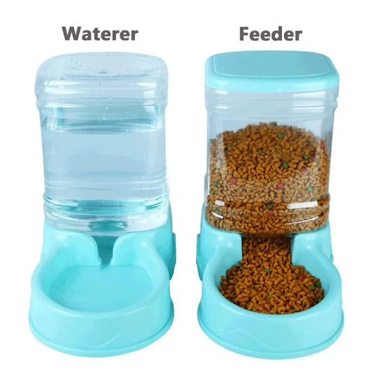 Two blue pet feeders, one for water and one for food, on a white background.