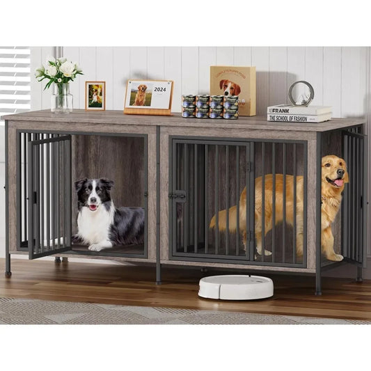 78” Double Dog Crate Furniture for 2 Dogs | XXL Wooden Kennel